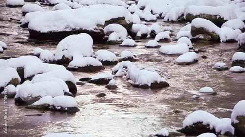 mountain river stream in winter and snow