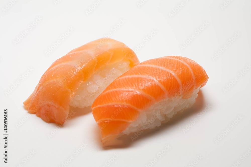 Two sushi with salmon, top view