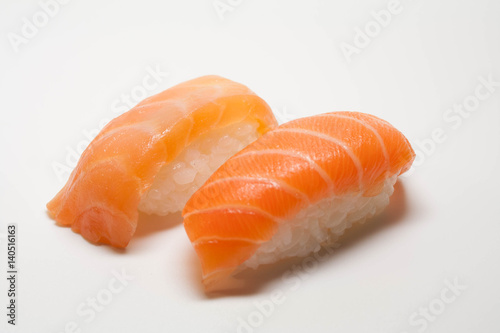 Two sushi with salmon, top view