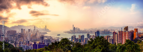 Panorama view sunset of Victoria Harbor, Hong Kong