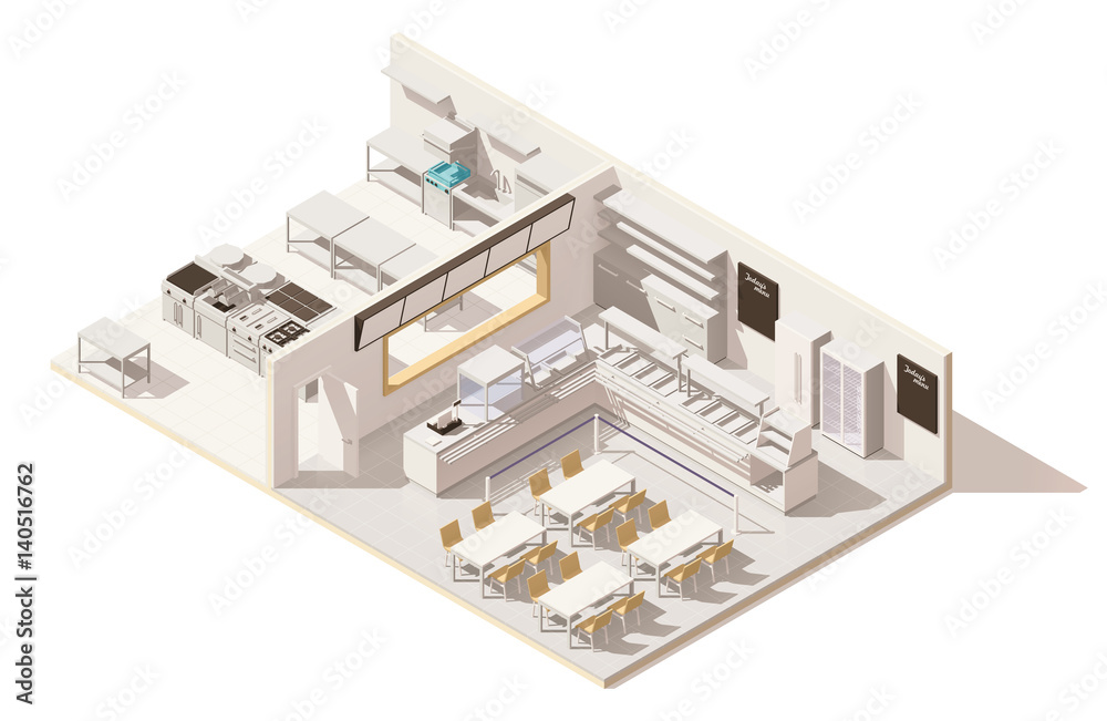 Vector isometric low poly restaurant with kitchen
