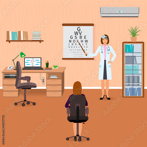 Ophthalmologist checks eyesight of patient in oculist office interior. Medicine doctor visiting concept.