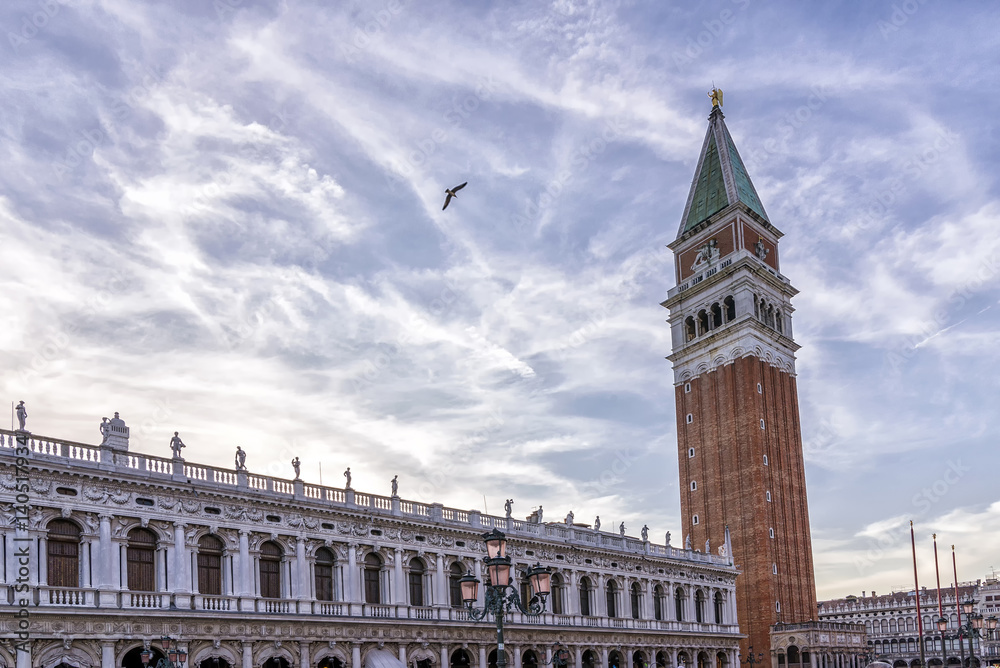 A bird flies over Piazza San Marco, the historic center of Venice, Italy, against a beautiful sky