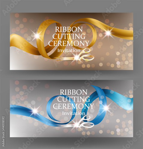 Ribbon cutting ceremony banners with curly satin ribbons and scissors. Vector illustration