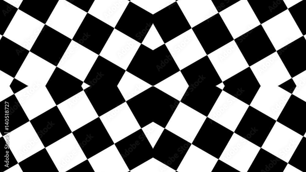 Diseño  geometrico de cuadrados  en blanco y negro con efecto espejo que gira
