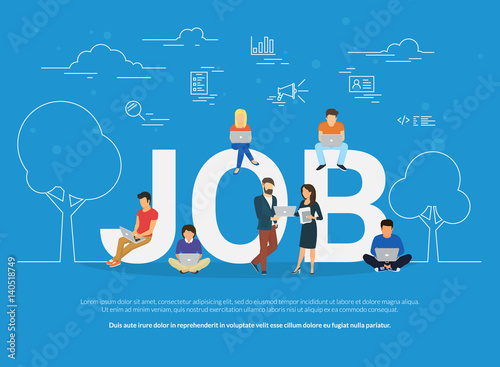 Job concept vector illustration of business people using devices for working, job searching and professional growth. Flat concept of young men and women using laptop for team work and self-development