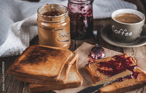 Peanut butter with jam and rustic dough. Peanut butter and jelly