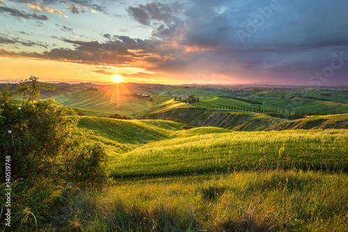 Panoramic view in spring day on the landscape of Crete Senesi.
