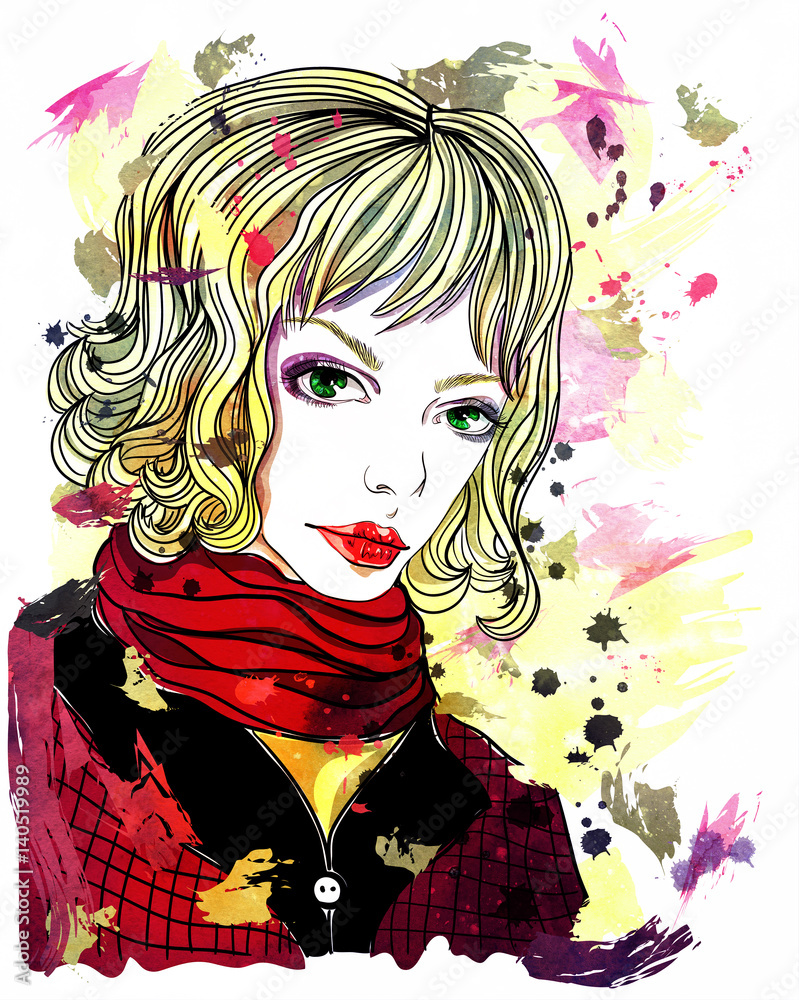 Portrait of beautiful blonde girl on abstract background. Fashion illustration
