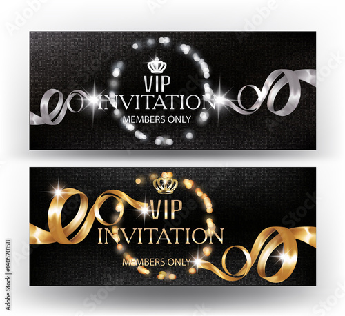 VIP banners with defocused frame of lights and curly ribbons. Vector illustration