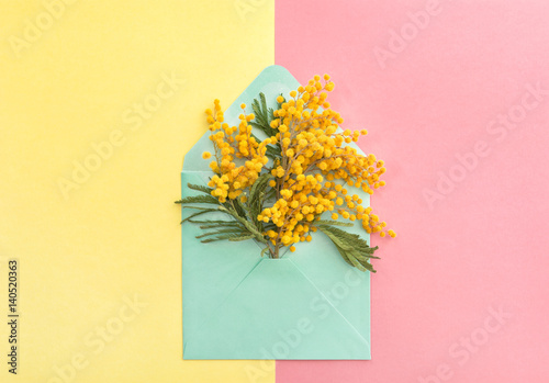 Spring mimosa flowers in envelope