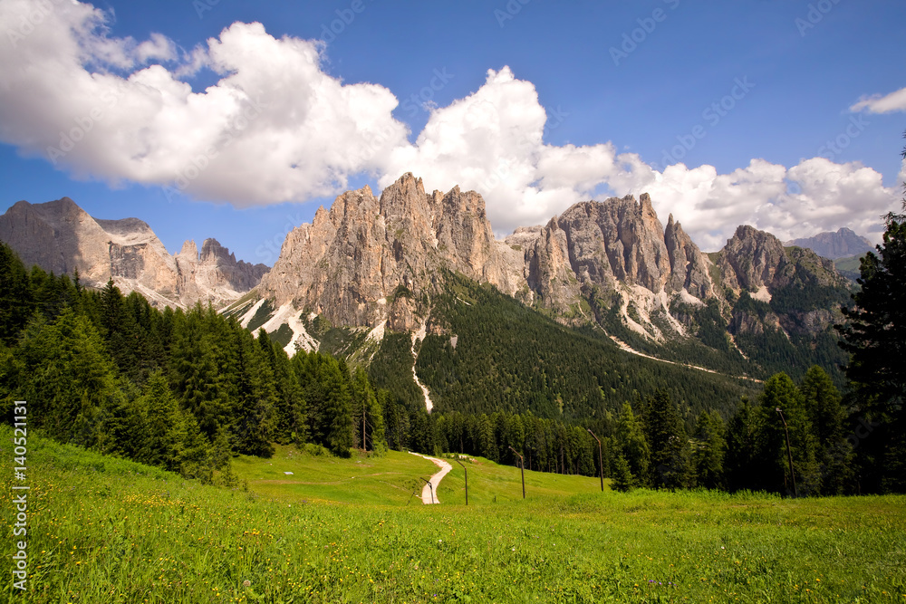 Dolomites in northern Italy. View of Ciampedie. Hiking trails galore. Panoramic.