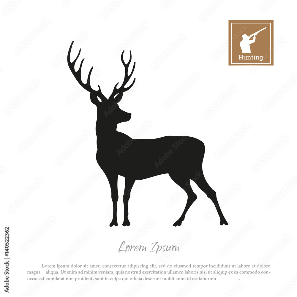 Obraz premium Black silhouette of a deer on a white background. Icon hunter with a gun