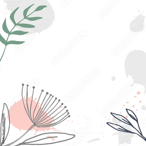 Floral  background with stylized  fennel or dill flowers  leaves and paint splashes.