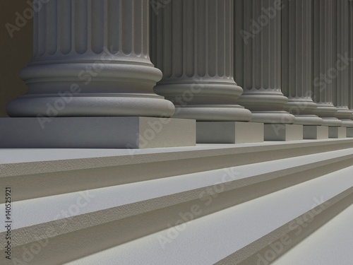 Row of Ionic columns and stair steps, architectural details of the facade of building in the Greek or Roman style, perspective view. 3D illustration.