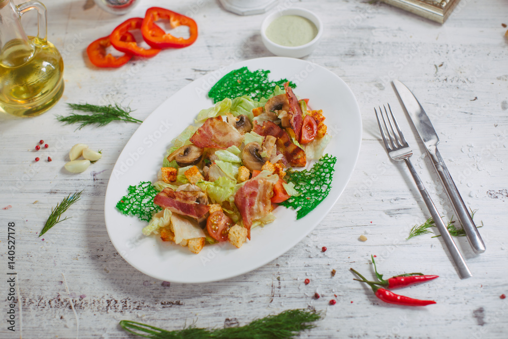 Salad with bacon mushrooms greens and cherry Salad with bacon mushrooms greens and cherry