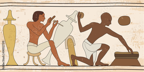 Vector illustration of Egyptian national drawing. Slaves artisans work in the workshop.
