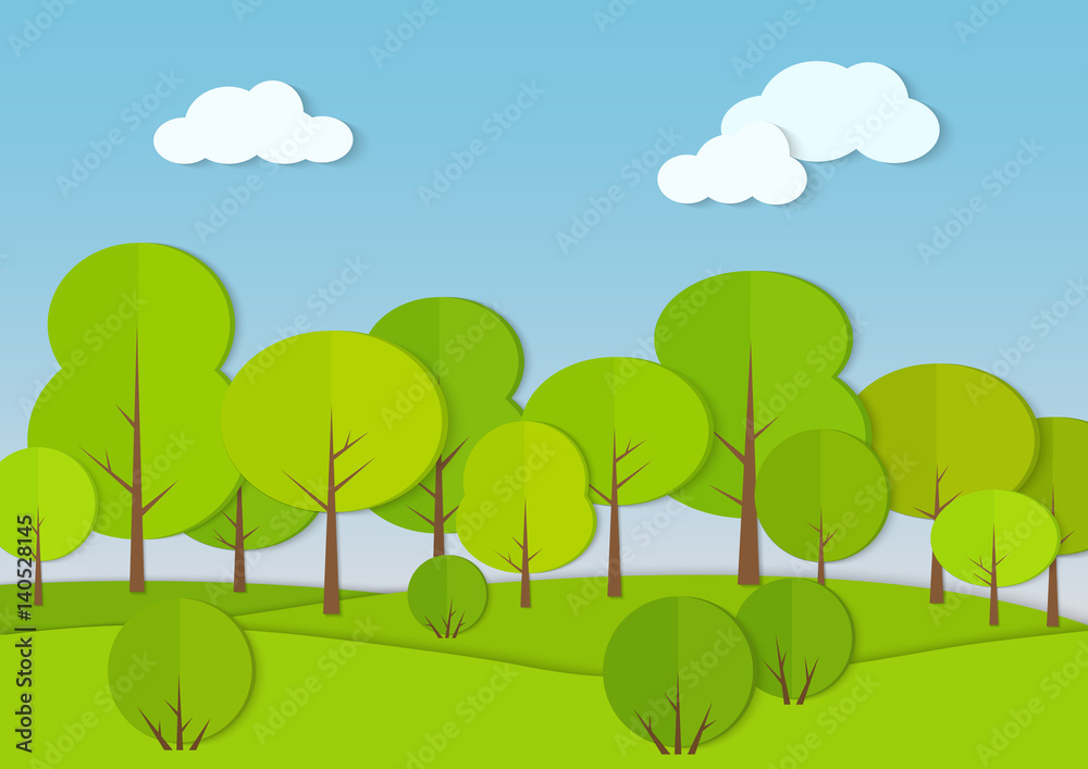 Forest woods cardboard paper landscape. Park green tree with bush Vector illustration.