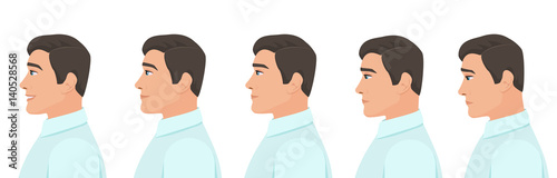 Male profile avatar expressions set. Man facial profile emotions from sadness to happiness.