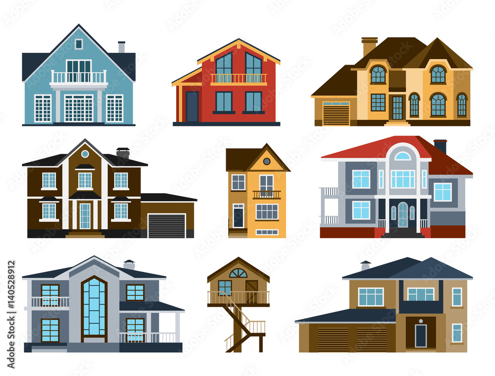 Houses front view vector illustration building architecture home construction estate residential property roof set apartment housing cottage Houses front view vector illustration building architecture home construction estate residential property roof set apartment housing cottage