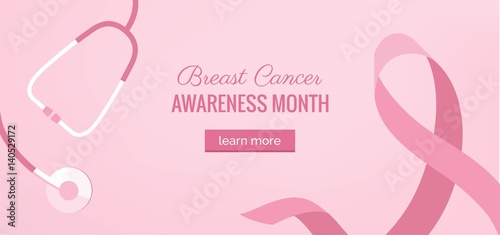 Pink Ribbon womens breast cancer awareness banner with stethoscope on pink background with ribbon symbol. Vector flat illustration