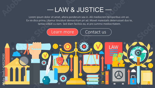 Law and justice design concept with justice icons infographics template design, web header elements, poster banner. Crime Vector illustration.