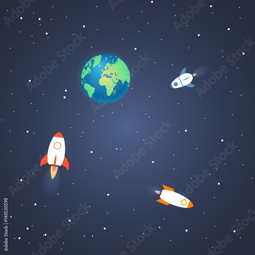 Rocket and the space. Rocket in the space near the earth. Concept.  Start up  business and promotion for success.