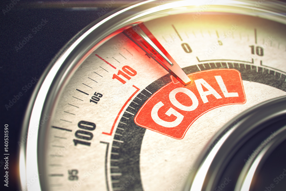 Goal - Caption on the Conceptual Gauge with Red Needle. 3D. Goal - Caption on the Conceptual Gauge with Red Needle. 3D.