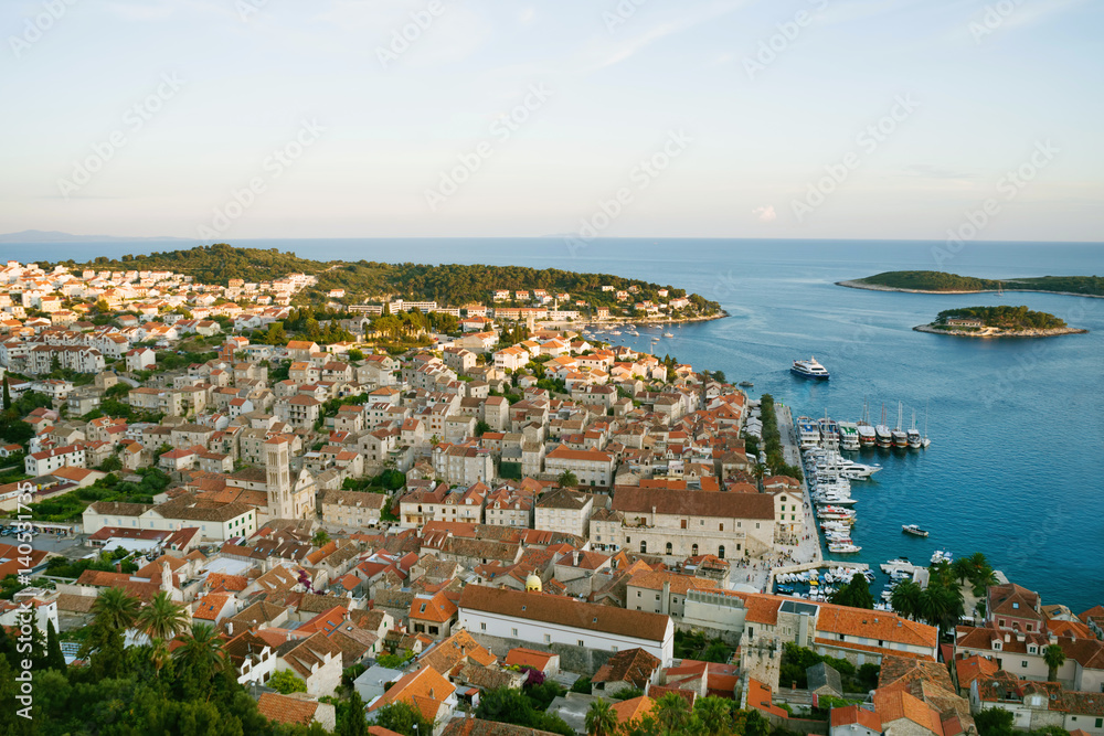 Beautiful view of the old town and sea from hill. Traveling, tourism, vacation concept.
