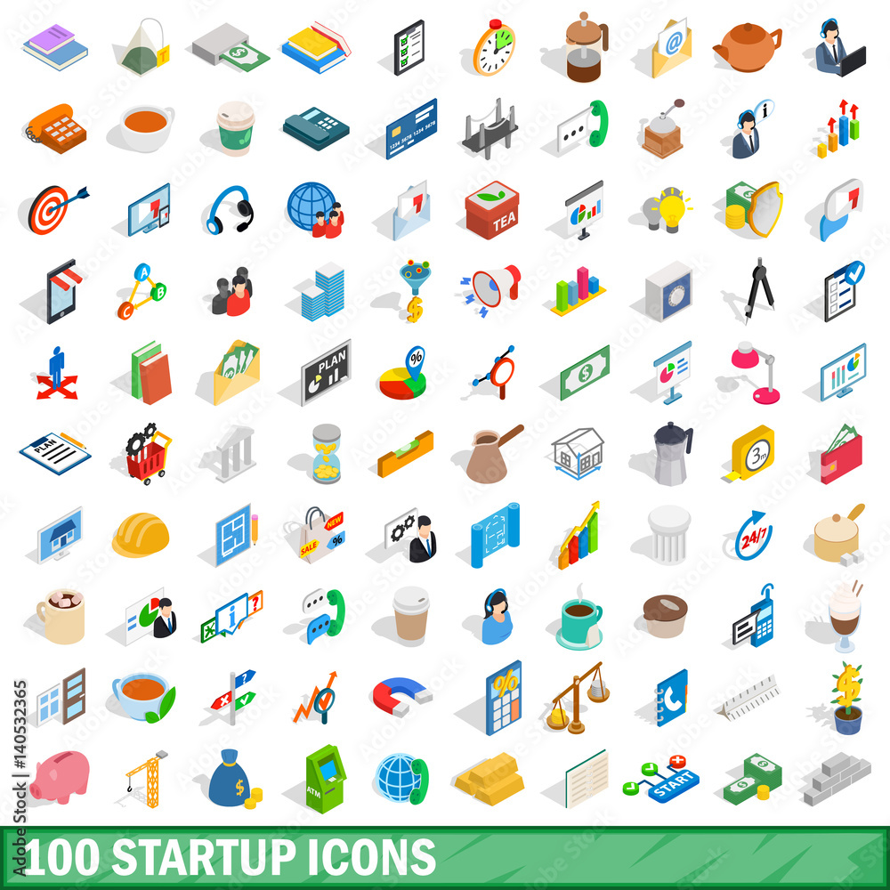 100 startup icons set, isometric 3d style