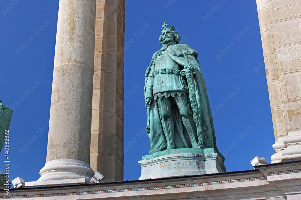 Sculpture of king Louis I (Zala Gyorgy, 1926) in Budapest, Hungary. As part of Millennium Monument on the Heroes Square. Louis I was King of Hungary and Croatia from 1342 and King of Poland from 1370.