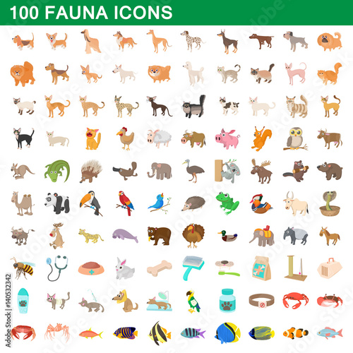 100 fauna icons set, cartoon style