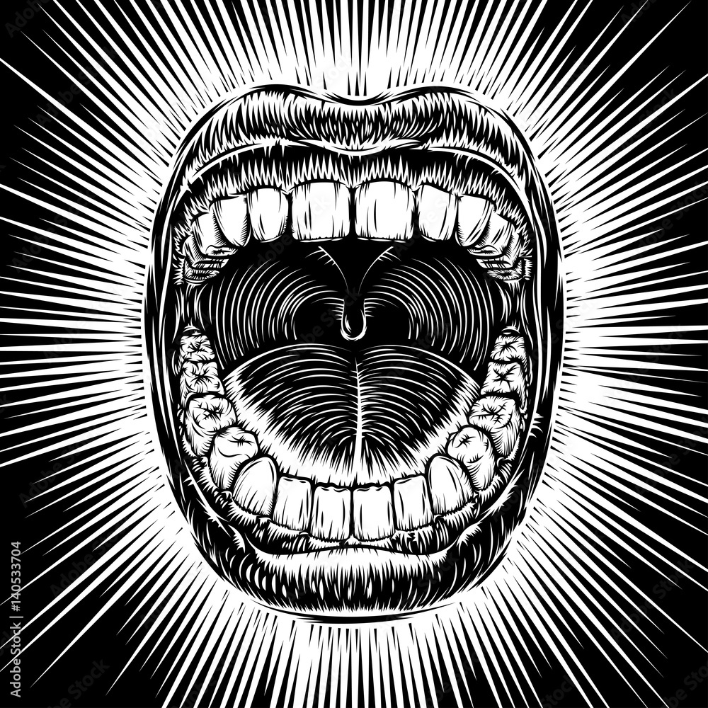 Open screaming mouth with teeth; Shouting singing yawning mouth; Jaw ...