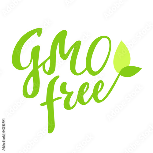 GMO free hand drawn logo, label, with leaf and sprout. Vector illustration eps 10 for food and drink, restaurants, menu, bio markets and organic products. Brush lettering, calligraphy.