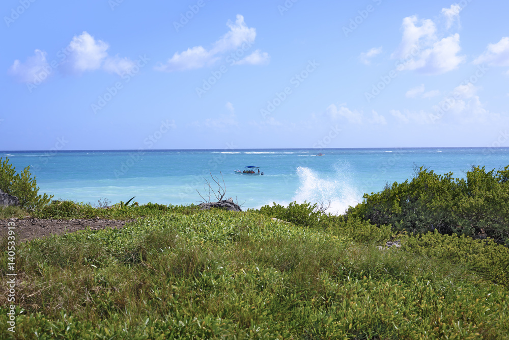 the Caribbean Sea and wave splash in Tulum, Yucatan Peninsula, Mexico, green grasses foreground