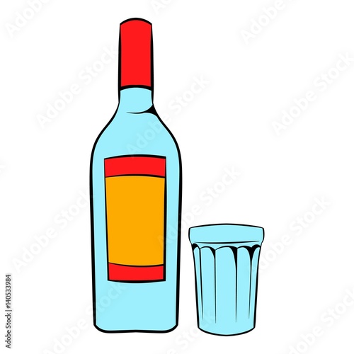 Bottle of vodka and glass icon cartoon