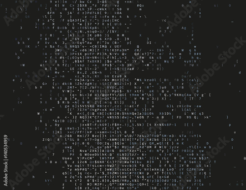 Corrupted source code. Modern vector illustration about computer security. Abstract ascii glitch background. Fatal programming error. Buffer overflow problem. Random signal error. Element of design. photo
