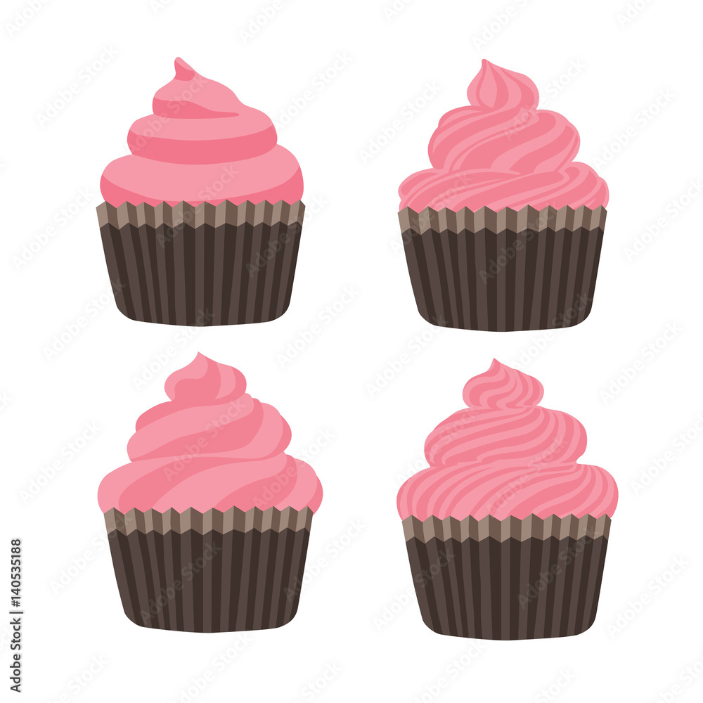 Set of cute vector strawberry cupcakes base.