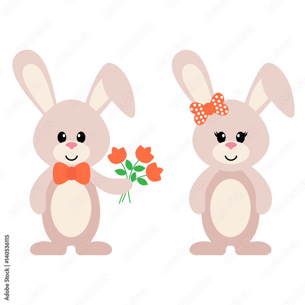 cartoon bunny girl and boy with flowers