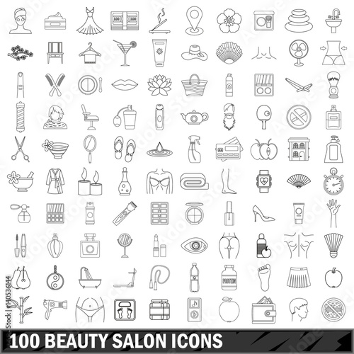 100 beauty salon icons set, outline style