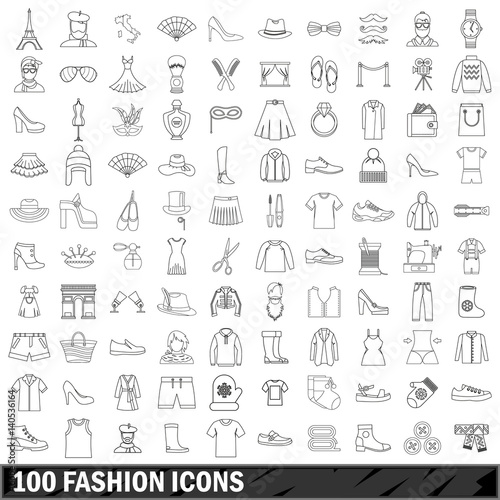 100 fashion icons set, outline style