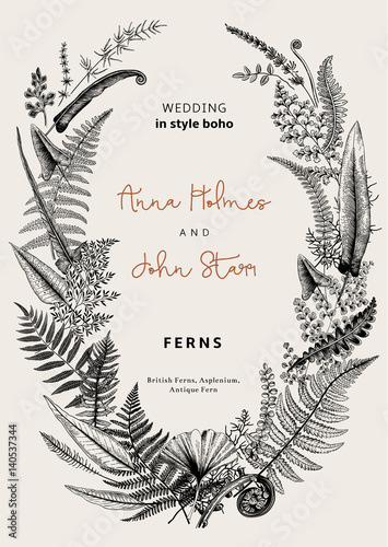 The wreath of ferns leaves. Wedding invitation in the style of boho. Vector botanical vintage illustration. Black and white