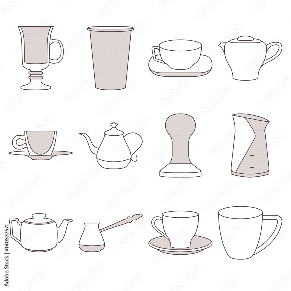 Set of coffee elements cups flat icon set Set of coffee elements cups flat icon set