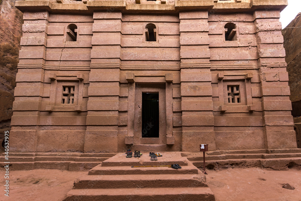 Ethiopia, Lalibela. Bet Emanuel (House of Emmanuel), underground monolith church carved into rock. The churches of Lalibela is on UNESCO World Heritage List