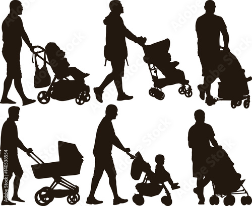 silhouette of father with baby stroller