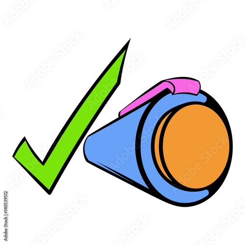 Pen and green checkmark icon cartoon