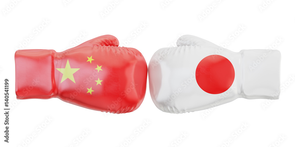 Boxing gloves with Japan and China flags. Governments conflict concept, 3D rendering
