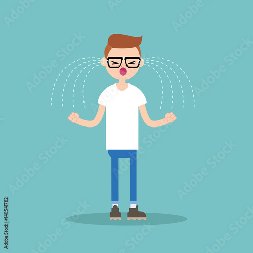 Young loudly crying nerd clenching his fists / editable cartoon style illustration, vector clip art