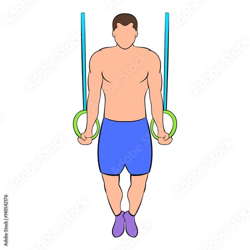 Man training on gymnastic rings icon cartoon
