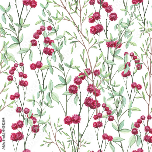Seamless Pattern of Watercolor Foliage and Little Flowers